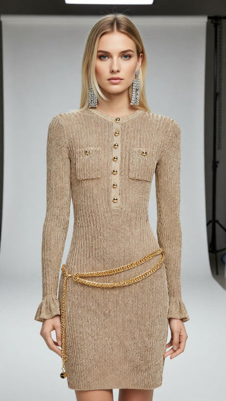 Shimmering Gold Ribbed Knit Midi Dress with Chic Chain Belt