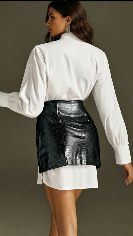 Chic White Button-Down Shirt & Croc Faux Leather Mini Skirt Set - Modern Womenswear