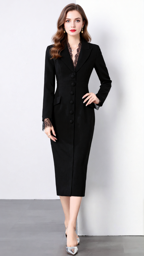 Chic Long Sleeve Blazer Midi Dress with Delicate Lace Trim