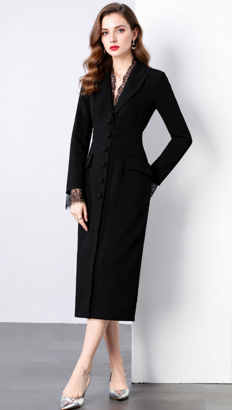 Chic Long Sleeve Blazer Midi Dress with Delicate Lace Trim
