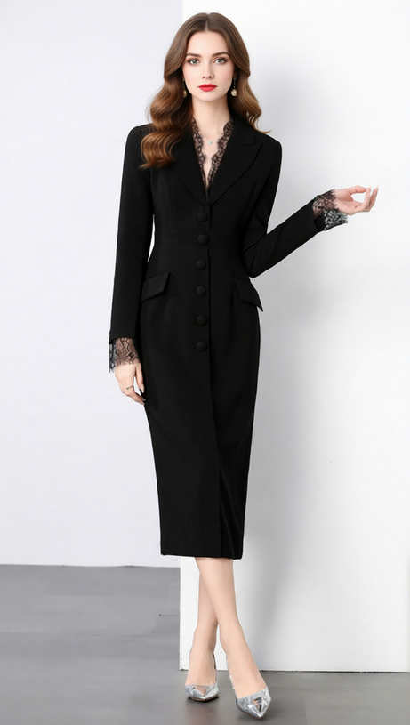 Chic Long Sleeve Blazer Midi Dress with Delicate Lace Trim