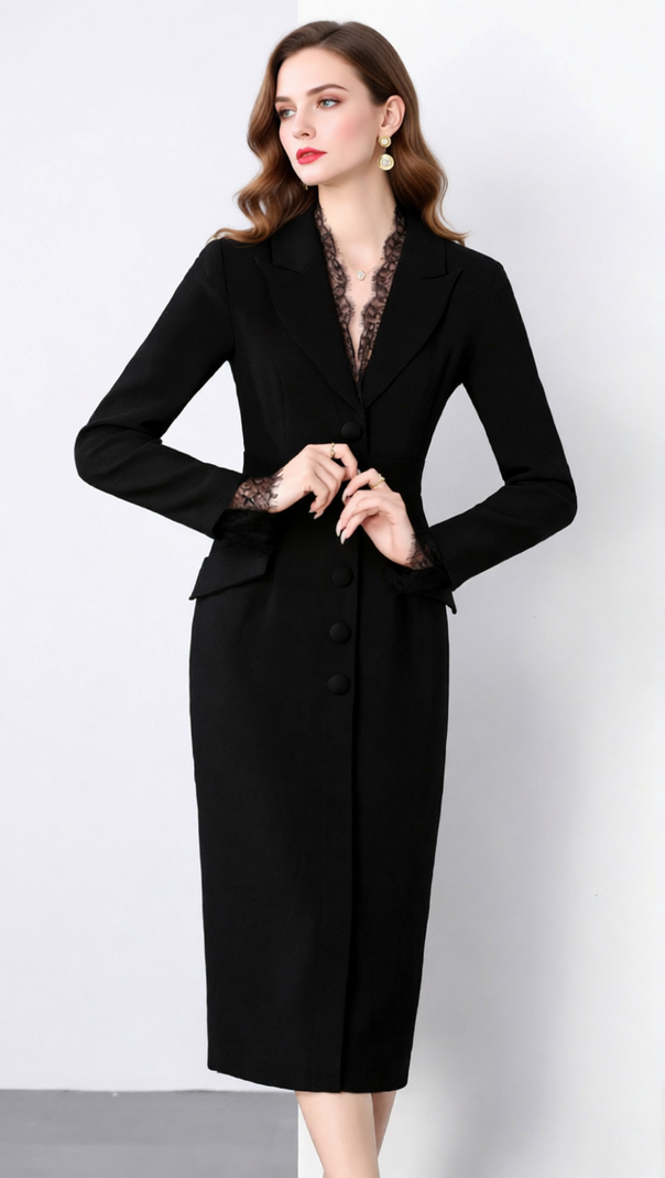 AIIZIE Chic Long Sleeve Blazer Midi Dress with Delicate Lace Trim - product image