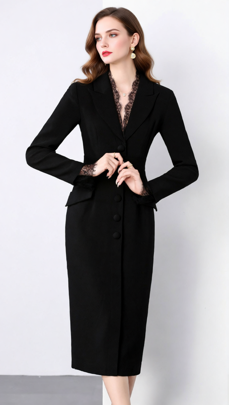 Chic Long Sleeve Blazer Midi Dress with Delicate Lace Trim