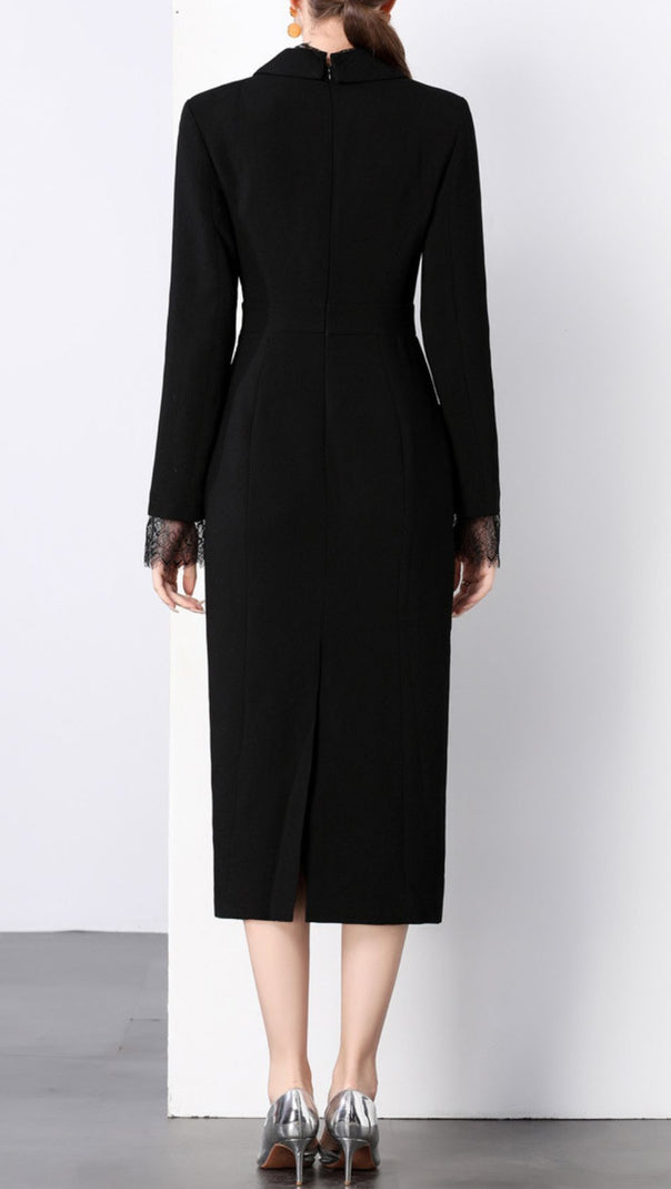 AIIZIE Chic Long Sleeve Blazer Midi Dress with Delicate Lace Trim - product image