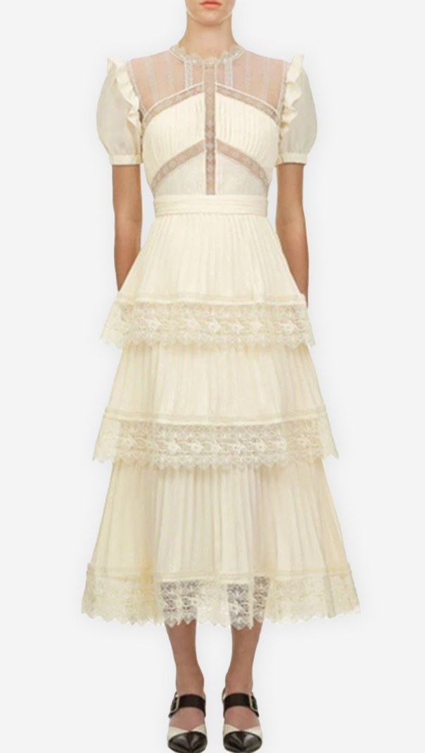 AIIZIE PLEATED LACE MIDI DRESS IN APRICOT - product image