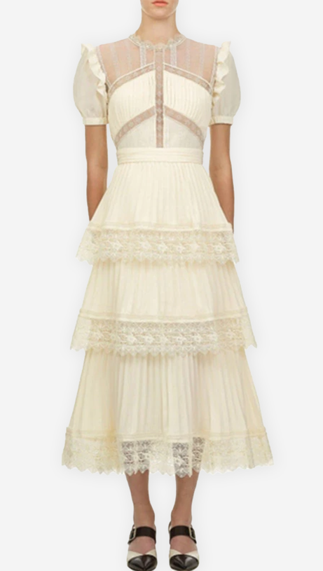 PLEATED LACE MIDI DRESS IN APRICOT