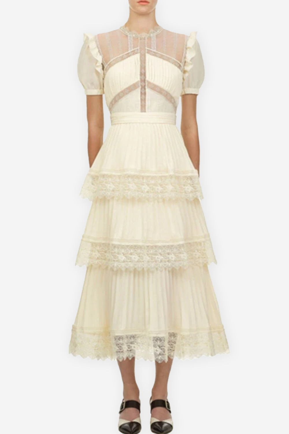 PLEATED LACE MIDI DRESS IN APRICOT