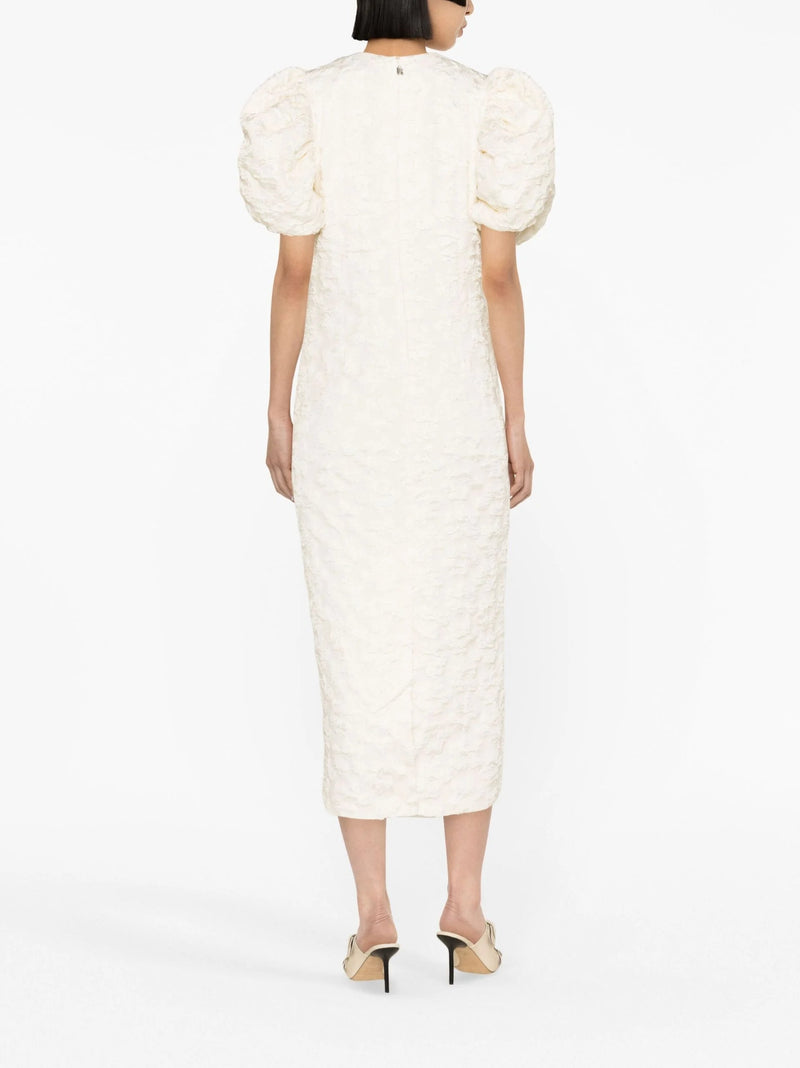 NEUTRAL PUFF SLEEVE JACQUARD MIDI DRESS