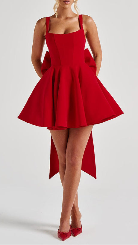 KRISTIN BACK BOW EMBELLISHED MINI DRESS IN RED