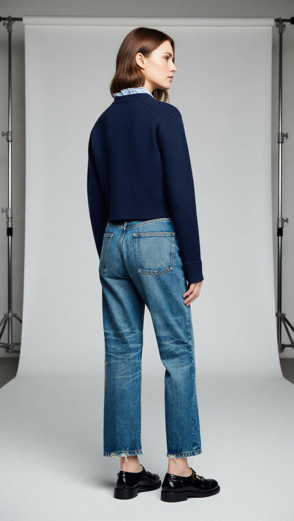 AIIZIE Chic Navy Cropped Cardigan with Detachable Ruffled Collar & Gold Buttons - product image