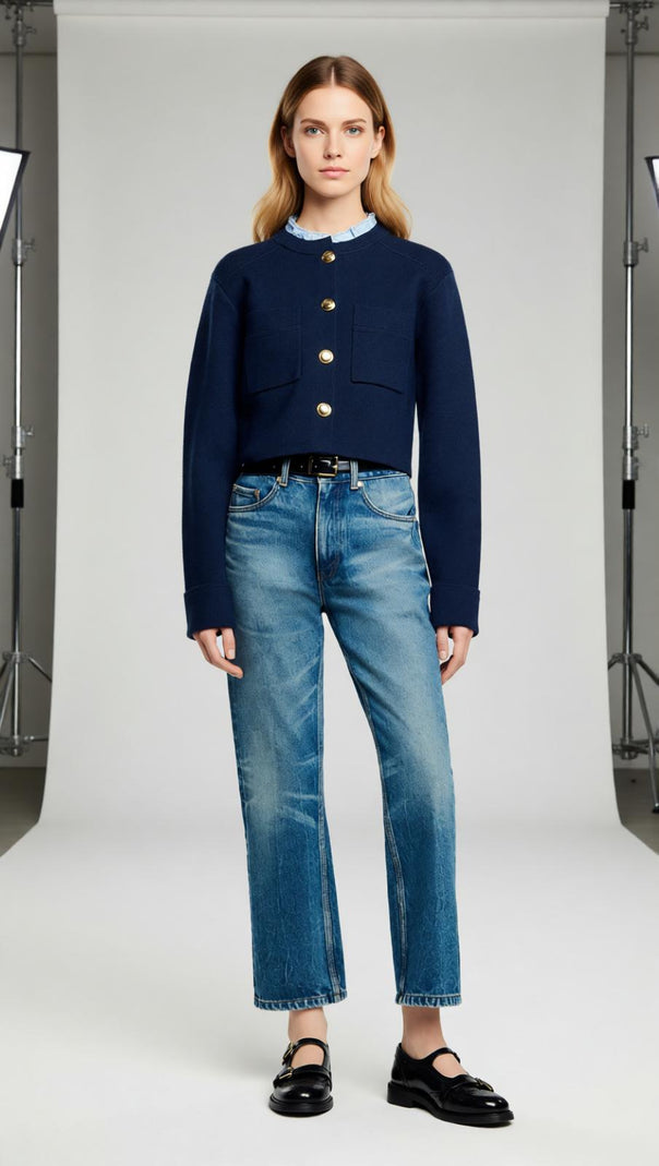 AIIZIE Chic Navy Cropped Cardigan with Detachable Ruffled Collar & Gold Buttons - product image