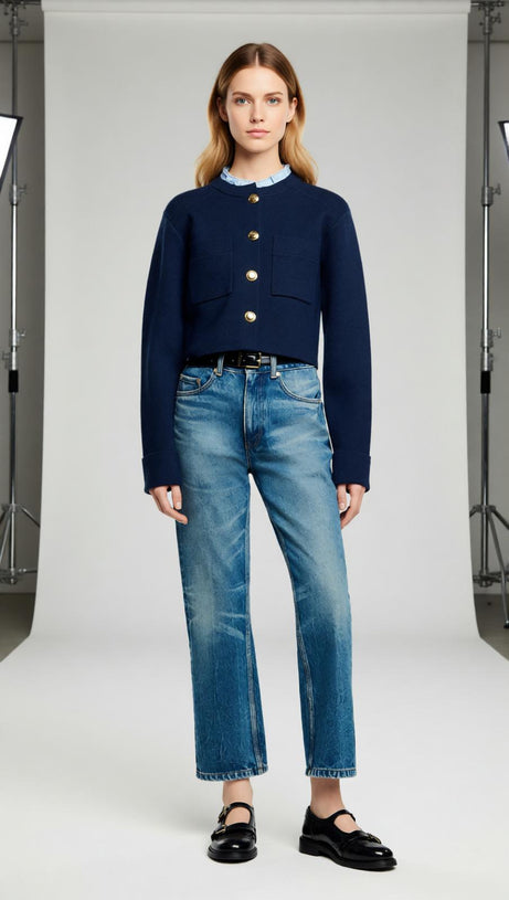 Chic Navy Cropped Cardigan with Detachable Ruffled Collar & Gold Buttons
