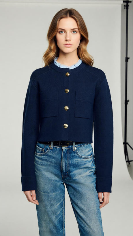 Chic Navy Cropped Cardigan with Detachable Ruffled Collar & Gold Buttons