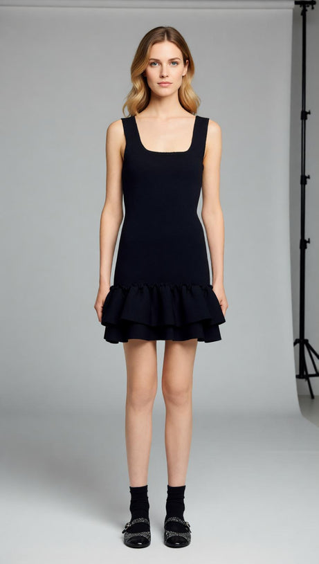 Modern Chic: Black Square Neck Ruffled Knit Mini Dress for Women