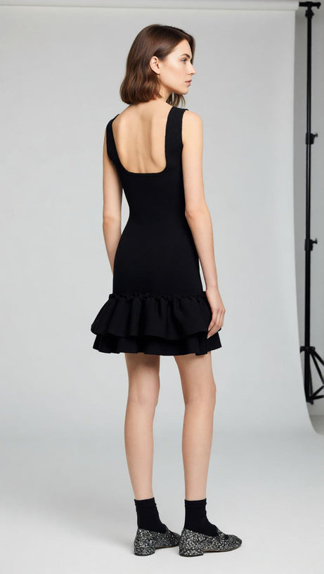Modern Chic: Black Square Neck Ruffled Knit Mini Dress for Women