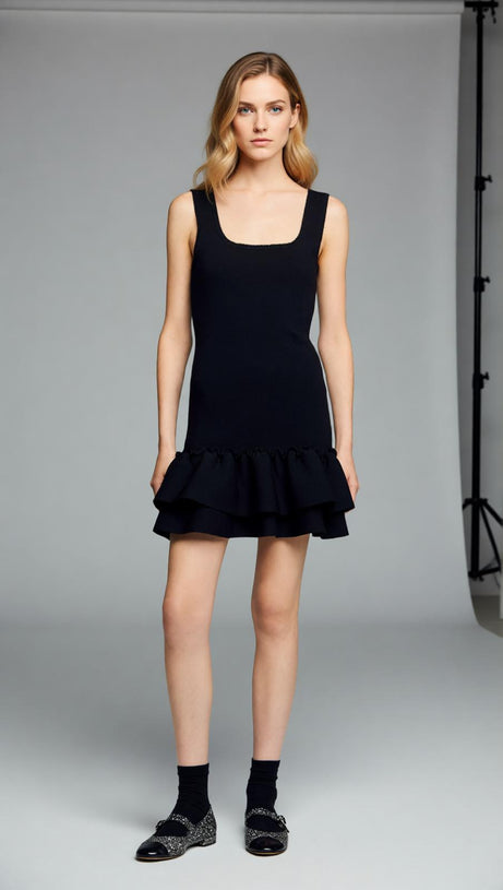 Modern Chic: Black Square Neck Ruffled Knit Mini Dress for Women
