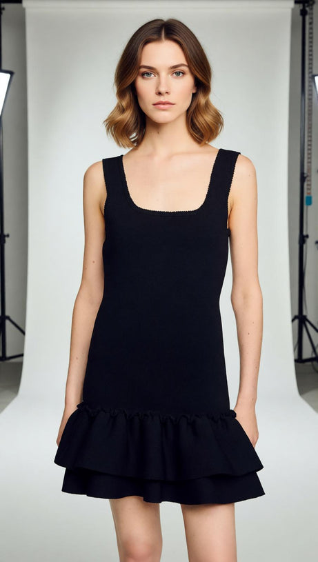 Modern Chic: Black Square Neck Ruffled Knit Mini Dress for Women