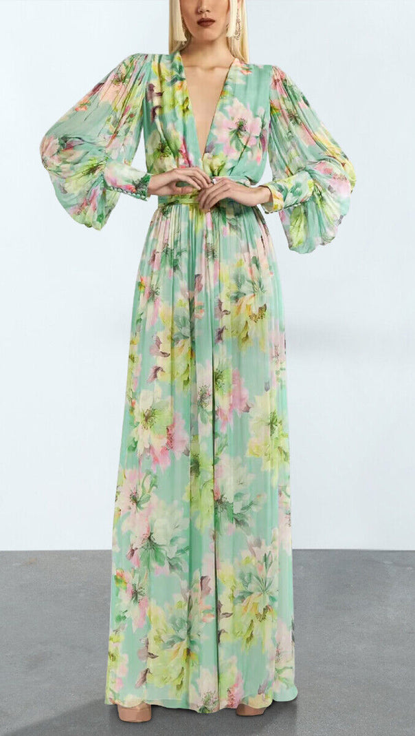 AIIZIE GREEN LONG-SLEEVED FLORAL MAXI DRESS - product image
