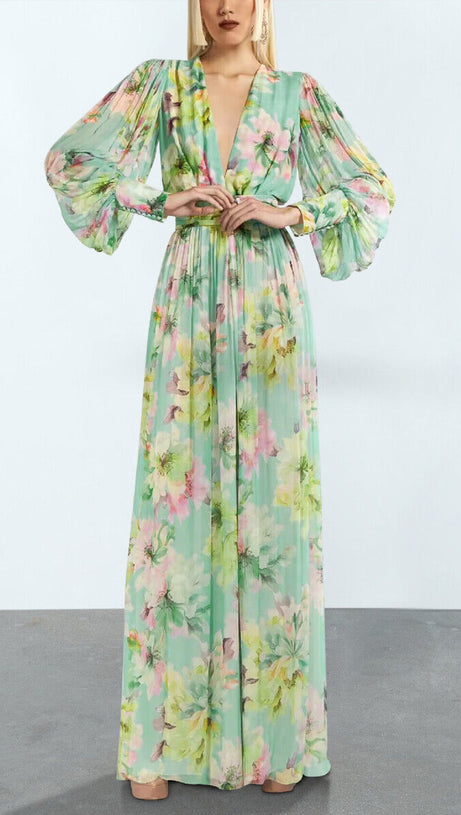GREEN LONG-SLEEVED FLORAL MAXI DRESS