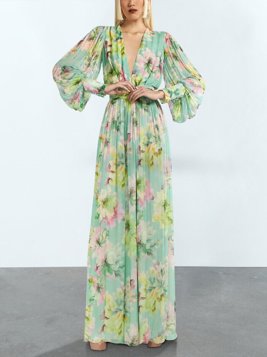 GREEN LONG-SLEEVED FLORAL MAXI DRESS
