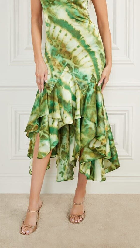 MARCIANO WATERFALL PRINTED SATIN MIDI DRESS IN GREEN