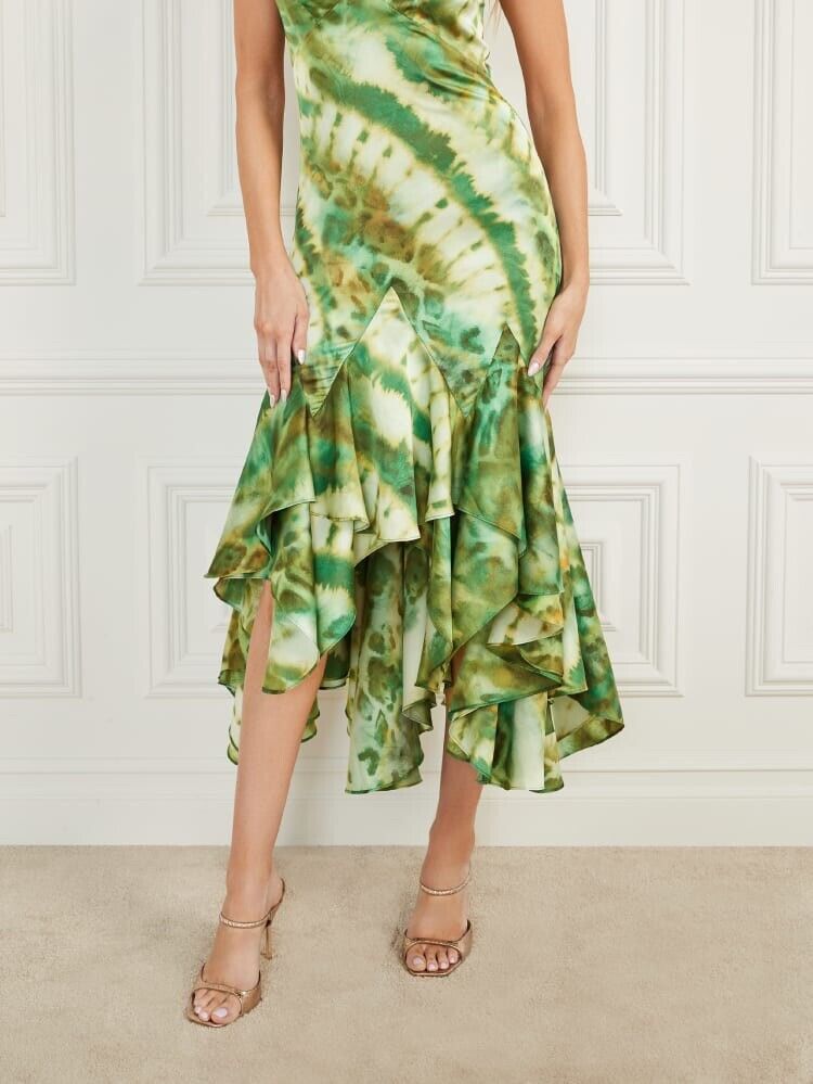 AIIZIE MARCIANO WATERFALL PRINTED SATIN MIDI DRESS IN GREEN - product image