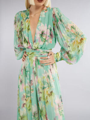 GREEN LONG-SLEEVED FLORAL MAXI DRESS