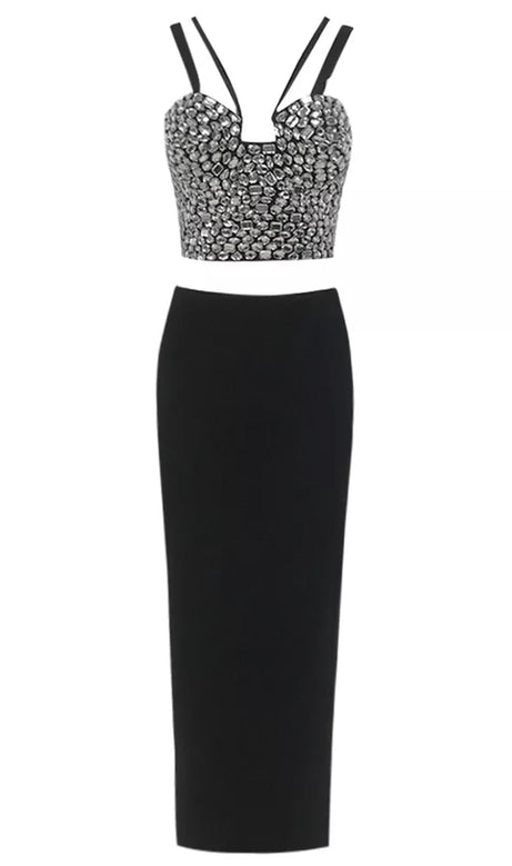 CRYSTAL-EMBELLISHED CROP TOP SKIRT SUIT