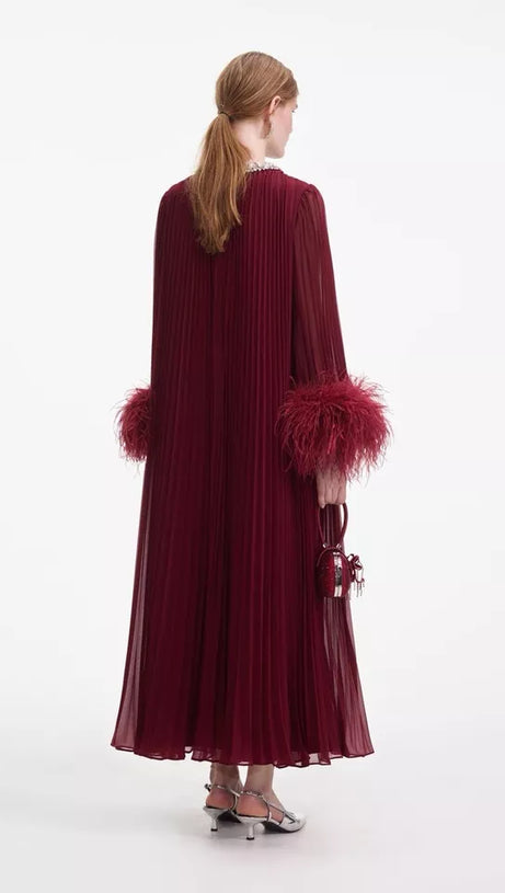 MANJA DIAMANTE CHIFFON FEATHER MAXI DRESS - RED