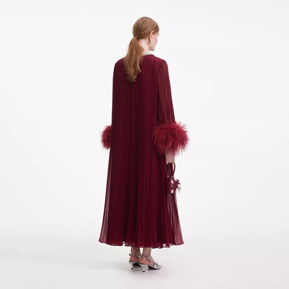 AIIZIE MANJA DIAMANTE CHIFFON FEATHER MAXI DRESS - RED - product image