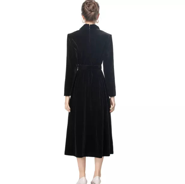 SEQUIN EMBROIDERED VELVET MIDI DRESS IN BLACK