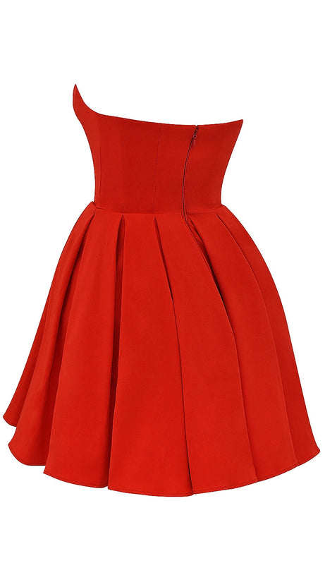 TOMATO RED STRAPLESS PLEATED MINI DRESS