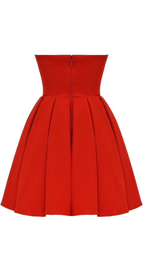 TOMATO RED STRAPLESS PLEATED MINI DRESS
