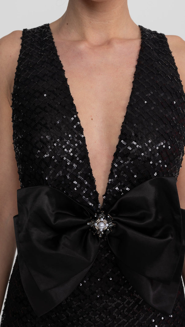 Sequin Maxi Dress With Satin Bow Detail - Black