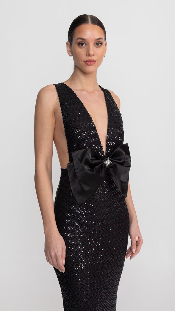 Sequin Maxi Dress With Satin Bow Detail - Black