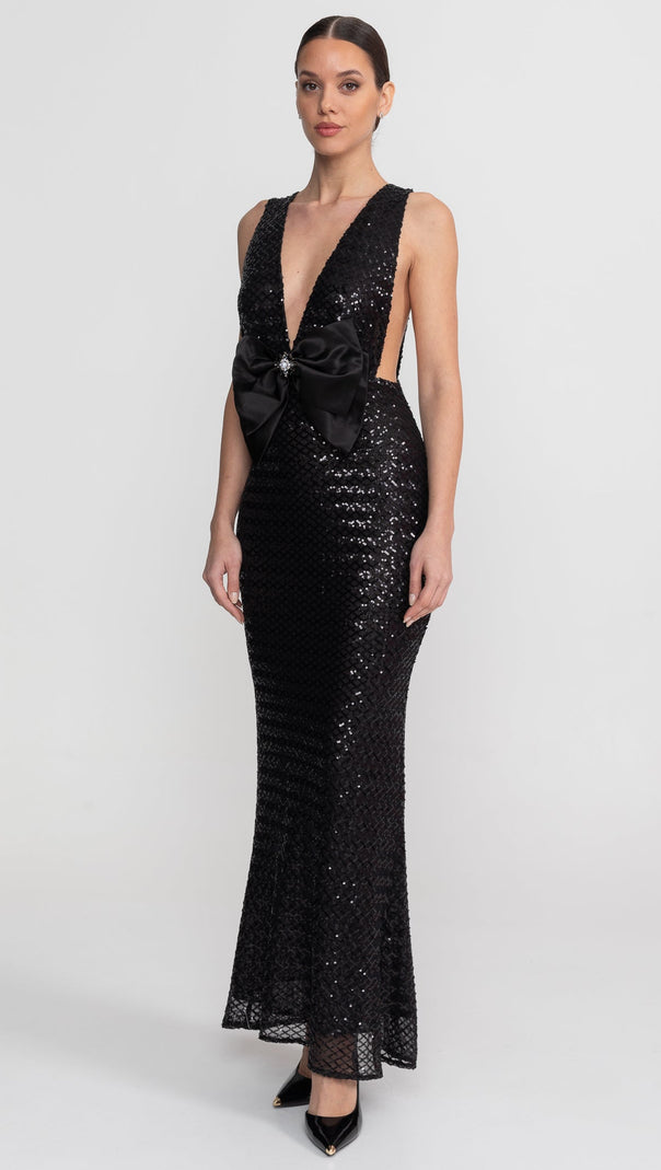 Sequin Maxi Dress With Satin Bow Detail - Black