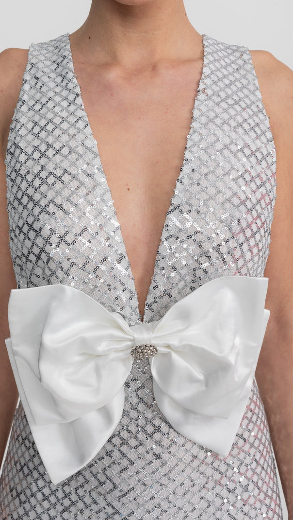 Sequin Maxi Dress With Satin Bow Detail - Light Grey