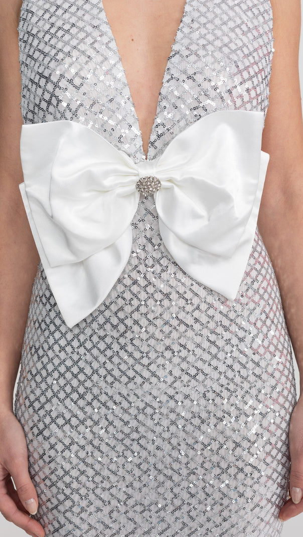 Sequin Maxi Dress With Satin Bow Detail - Light Grey