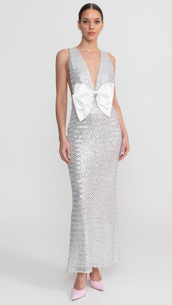 Sequin Maxi Dress With Satin Bow Detail - Light Grey