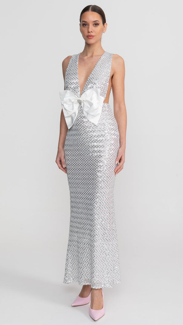 Sequin Maxi Dress With Satin Bow Detail - Light Grey