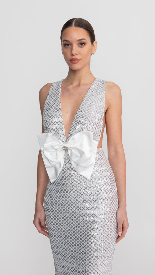Sequin Maxi Dress With Satin Bow Detail - Light Grey