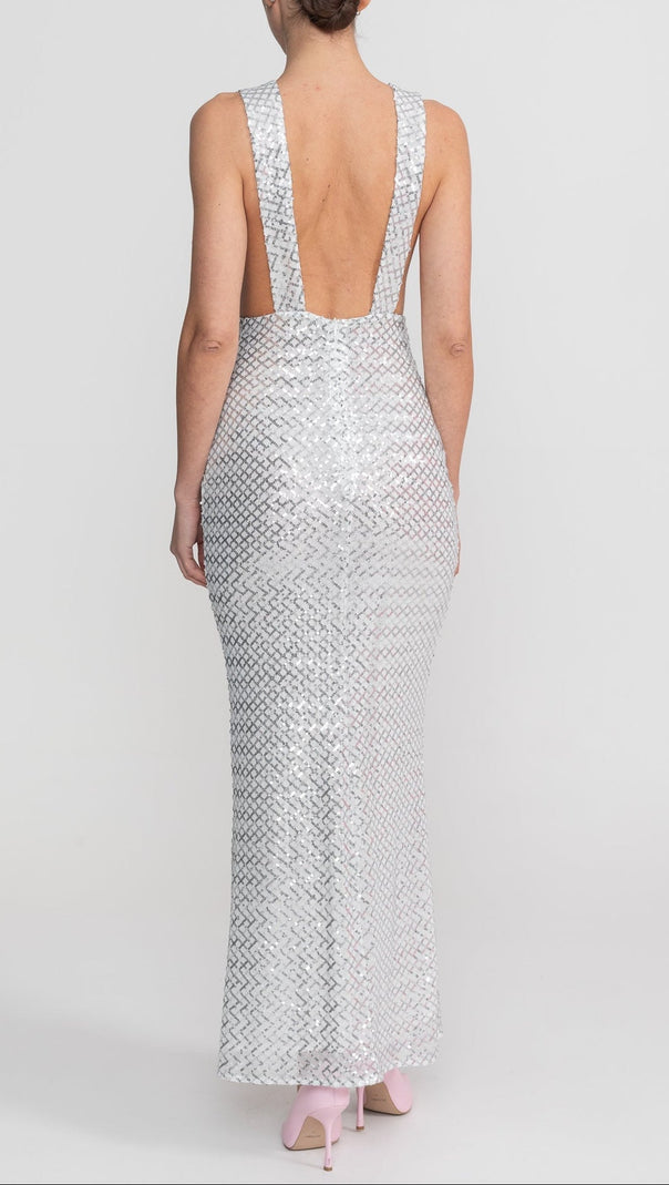 Sequin Maxi Dress With Satin Bow Detail - Light Grey
