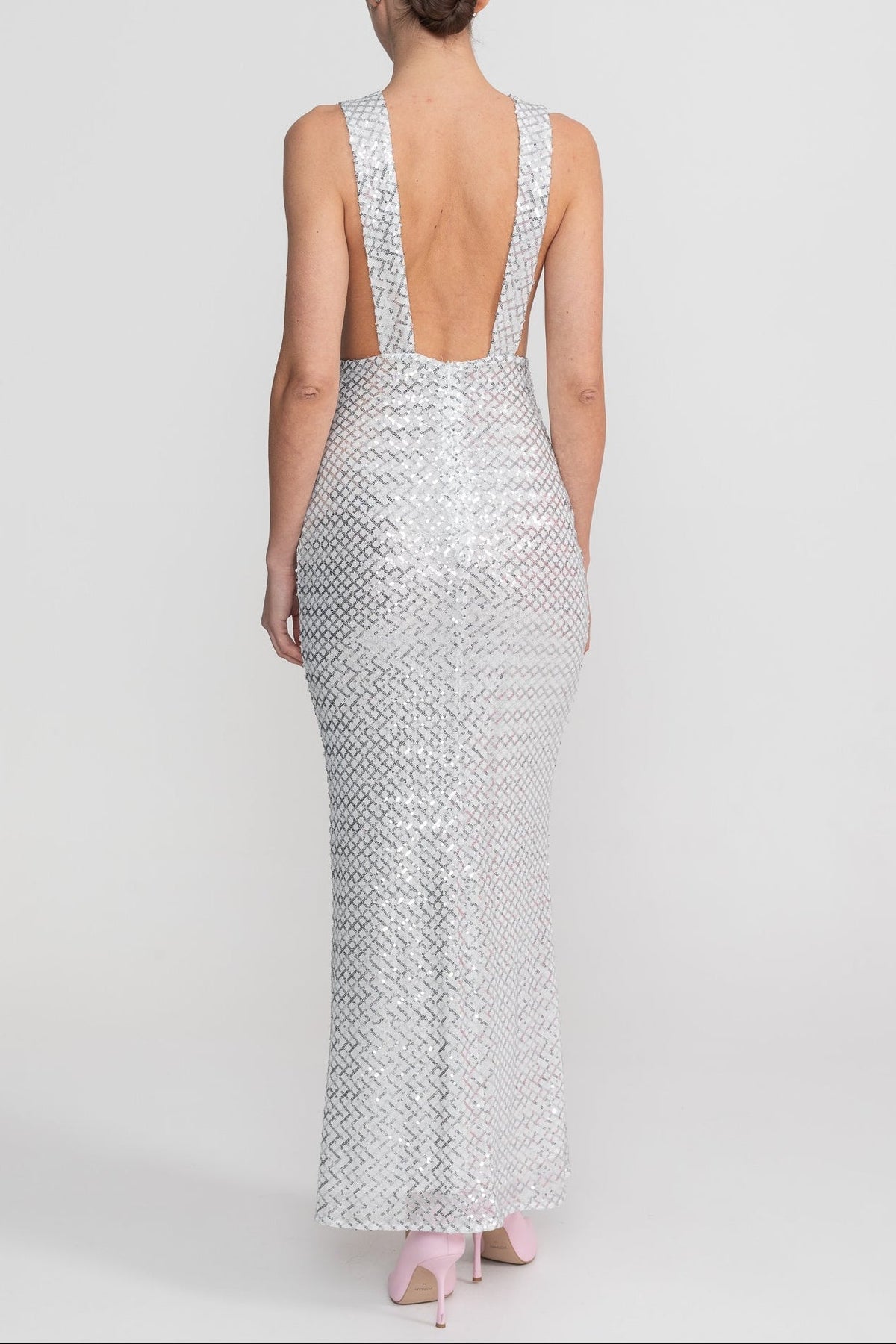 Sequin Maxi Dress With Satin Bow Detail - Light Grey