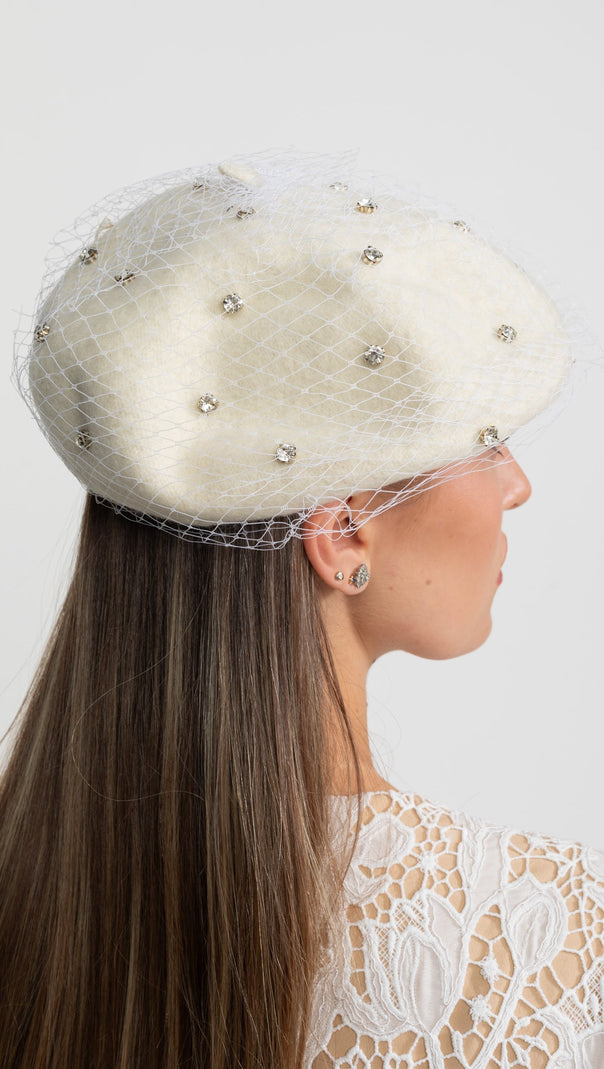 Embellished Wool Beret with Veil – Ivoire