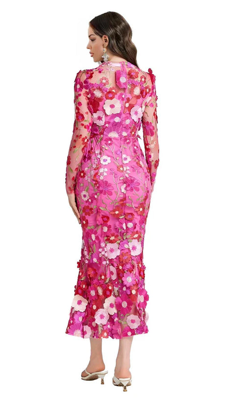 CAROL ROSE RED FLORAL EMBROIDERY MESH LONG SLEEVE MIDI DRESS