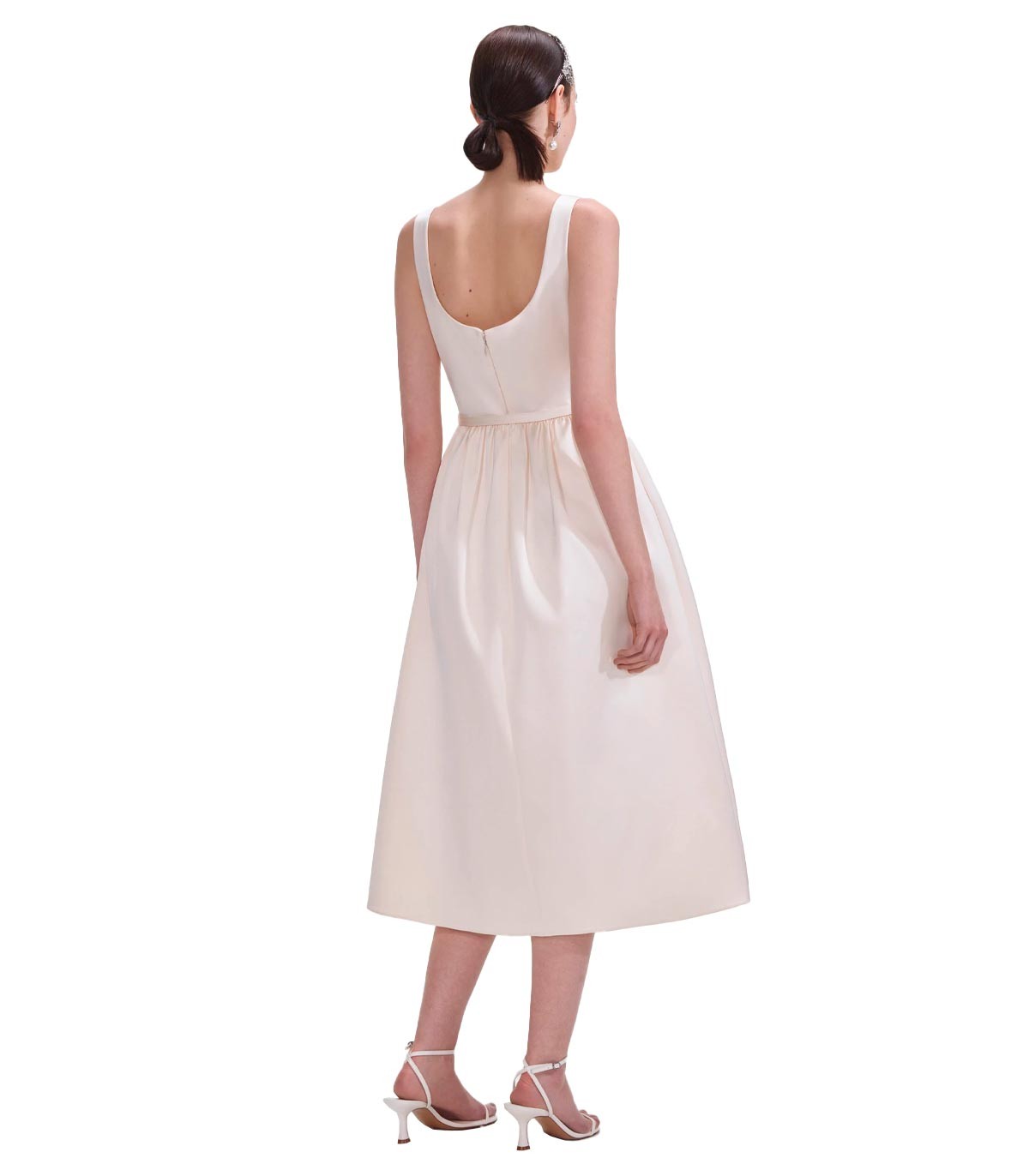 CREAM SATIN FLOWER MIDI DRESS