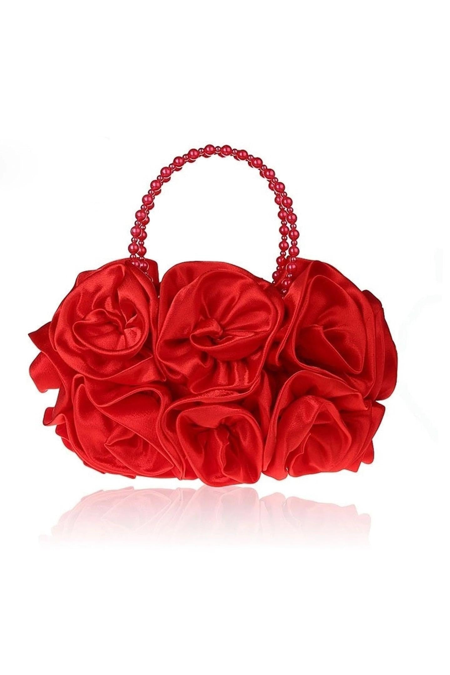 SATIN ROSETTES PEARL HANDBAG