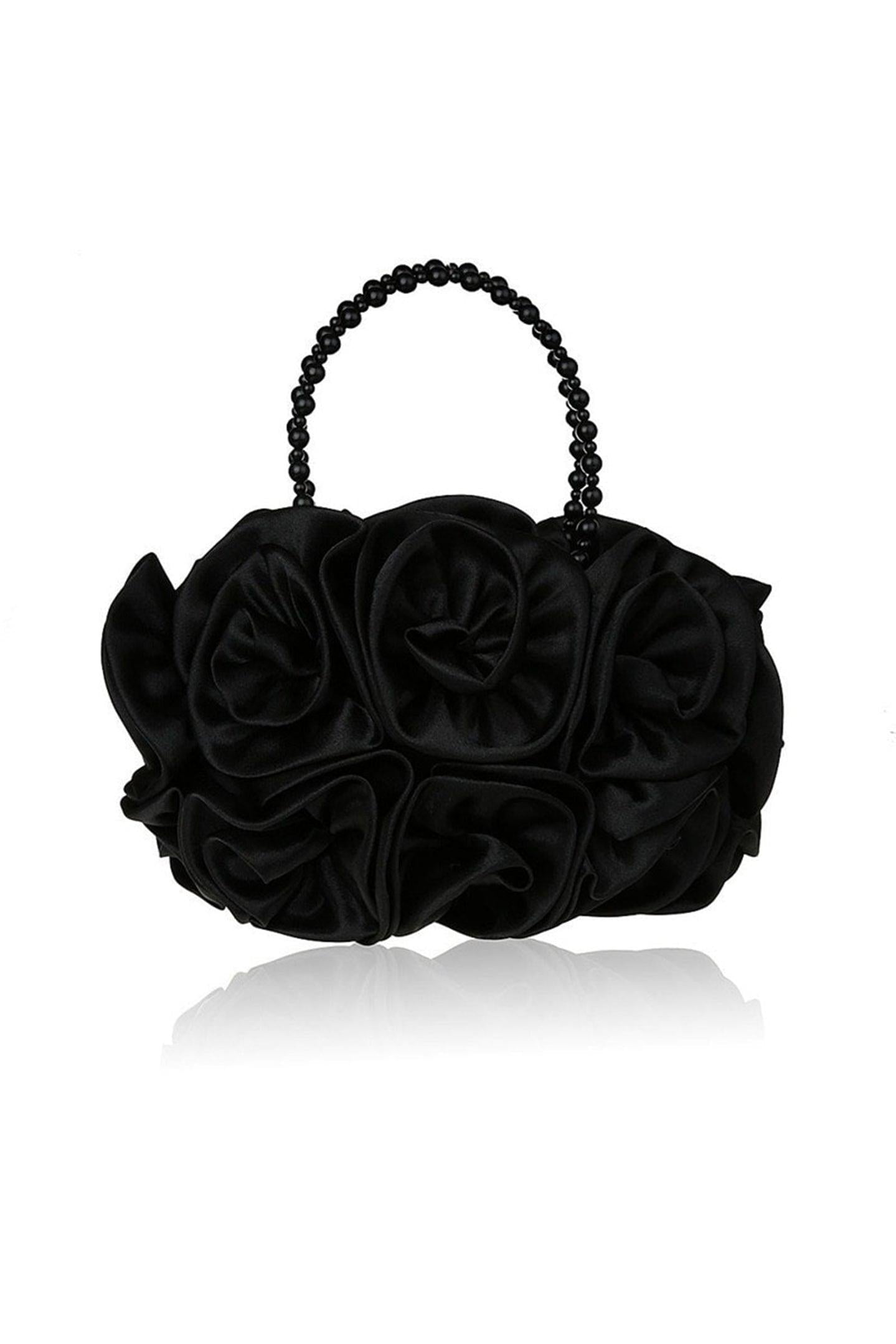 SATIN ROSETTES PEARL HANDBAG