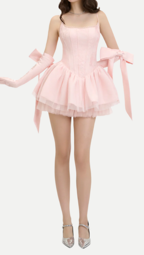 MINI ABITO SCOLLO A SCHIENA CON FIOCCO IN PIZZO CELESTE ROSA