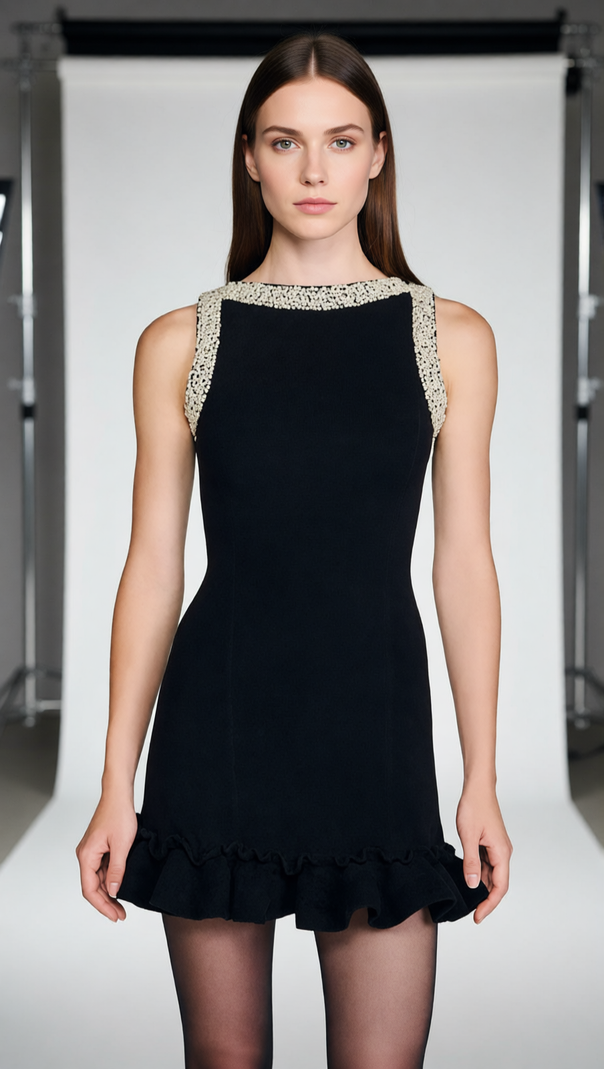 AIIZIE Chic Faux-Pearl Beaded Mini Dress - Sleeveless Ruffle Hem Cocktail Dress - product image
